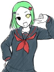  1girl 9rimson black_eyes black_shirt commentary_request forehead green_hair hair_ornament hand_up heterochromia highres long_sleeves looking_at_viewer minus_sign neckerchief open_mouth original plus_sign pointing pointing_at_self red_neckerchief sharp_teeth shirt short_hair simple_background sketch smile solo teeth upper_body white_background yellow_eyes 