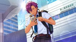  1boy backpack bag belt belt_buckle blue_necktie breast_pocket brown_belt buckle cellphone clouds collared_shirt ensemble_stars! game_cg happy_elements holding holding_phone index_finger_raised male_focus necktie official_art open_collar orange_eyes otogari_adonis outdoors phone pocket shirt short_hair short_sleeves smartphone solo summer_camp_(ensemble_stars!) sweat third-party_source upper_body white_shirt window 