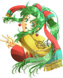  1girl aikosu_(icos) breasts cape detached_sleeves dress final_fantasy final_fantasy_vi gold_trim green_eyes green_hair hair_between_eyes hair_ribbon highres jewelry large_breasts long_hair looking_at_viewer open_mouth parted_bangs ponytail red_dress red_ribbon red_sleeves retro_artstyle ribbon ring sidelocks sleeveless sleeveless_dress smile solo strapless strapless_dress terra_branford twitter_username upper_body urushihara_satoshi_(style) v white_background yellow_cape 