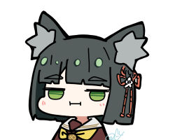  1girl :i animal_ears blunt_bangs blunt_ends bob_cut brown_dress chibi chibi_only closed_mouth commentary dress flower flower_knot fox_ears fox_girl green_eyes green_hair hair_flower hair_ornament hasu_no_sora_school_uniform highres jitome kemonomimi_mode link!_like!_love_live! looking_at_viewer love_live! momose_ginko neckerchief oofushi_ao sailor_collar sailor_dress school_uniform short_hair signature simple_background solo unamused upper_body virtual_youtuber white_background white_flower white_sailor_collar winter_uniform yellow_neckerchief 