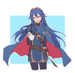  1girl alonemistrist blue_cape blue_gloves blue_hair cape closed_eyes commentary english_commentary facing_viewer fingerless_gloves fire_emblem fire_emblem_awakening gloves hair_between_eyes highres long_hair long_sleeves lucina_(fire_emblem) open_mouth outline red_cape simple_background solo two-tone_cape very_long_hair white_outline 