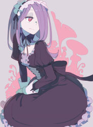  1girl back_bow black_bow black_bowtie black_collar black_dress bow bowtie closed_mouth collar dress expressionless eyeshadow food_print frilled_dress frills gothic_lolita hair_over_one_eye hand_on_own_thigh headdress juliet_sleeves little_witch_academia lolita_fashion long_hair long_sleeves makeup mushroom mushroom_print one_eye_covered pale_skin puffy_sleeves purple_hair red_eyes sitting solo sou_(tuhut) striped_clothes striped_dress sucy_manbavaran vertical-striped_clothes vertical-striped_dress white_background white_headdress wrist_cuffs 