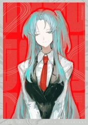  1girl angela_(project_moon) black_vest blue_hair border breasts closed_eyes closed_mouth collared_shirt colored_eyelashes commentary_request cropped_torso formal_clothes grey_border hair_ornament harume_neko highres large_breasts lobotomy_corporation long_hair long_sleeves necktie one_side_up parted_bangs project_moon red_background red_necktie shirt sidelocks smile solo upper_body very_long_hair vest waves white_shirt 