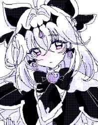  1girl black_bow black_bowtie black_capelet blush bow bow_earrings bowtie brooch capelet commentary_request crossed_bangs double-parted_bangs earrings gem hair_between_eyes hair_bow highres jaggy_lines jewelry looking_at_viewer medium_hair no_nose no_pupils nose_blush original pale_skin parted_lips pink_eyes purple_gem shirt shizumu_(shi_zumu) sidelocks simple_background solo sparkle turtleneck turtleneck_shirt upper_body white_background white_hair white_shirt white_trim 