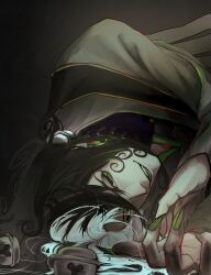  1boy ashiya_douman_(fate) asymmetrical_hair black_eyes black_hair commentary_request earrings fate/grand_order fate_(series) fingernails green_nails hair_between_eyes highres japanese_clothes jewelry long_hair looking_at_viewer lying magatama magatama_earrings male_focus multicolored_hair on_side oo_oo_00_8 open_mouth sharp_fingernails smile solo split-color_hair two-tone_hair white_hair 