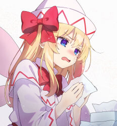  1girl blonde_hair bow bowtie capelet chikuzen1996 commentary_request dress fairy fairy_wings hat hat_bow highres holding lily_white long_hair long_sleeves open_mouth pollen red_bow red_bowtie snot snot_trail solo touhou white_capelet white_dress white_hat wide_sleeves wings 