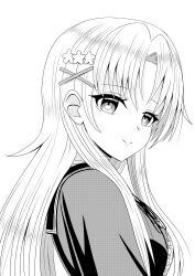  1girl abiko_hiromi absurdres assault_lily closed_mouth commentary_request flower frilled_shirt frills from_side greyscale hair_flower hair_ornament highres kanba_girls_high_school_uniform long_hair long_sleeves looking_at_viewer looking_to_the_side monochrome neck_ribbon open_clothes open_shirt ribbon sailor_collar school_uniform serafuku shirt simple_background smile solo upper_body white_background x_hair_ornament yadoo 