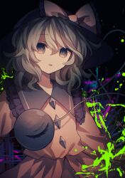  1girl absurdres black_hat blouse bow buttons commentary diamond_button eyeball frilled_shirt_collar frills hat hat_bow hat_ribbon heart heart_of_string highres komeiji_koishi looking_at_viewer open_mouth ribbon shirt third_eye touhou upper_body utsuro_(kz_hokuto) yellow_bow yellow_ribbon yellow_shirt 