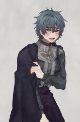  1boy blue_hair blush buttons grey_background highres long_sleeves lower_teeth_only male_focus mege_(megechan) open_mouth original pants purple_pants red_eyes short_hair simple_background solo tagme teeth tongue 