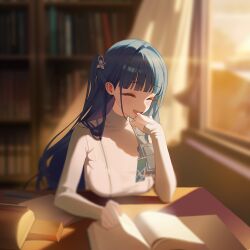  1girl arcana_(nikke) blue_hair blunt_bangs blurry blurry_background book breasts closed_eyes curtains dusk game_cg goddess_of_victory:_nikke hair_behind_ear hair_intakes hair_ornament highres library light_blush long_hair long_sleeves non-web_source official_art one_side_up open_mouth see-through_clothes sitting smile solo spoilers sweat sweatdrop table window 