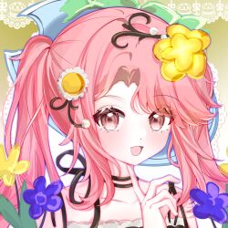  1girl absurdres artist_request bare_shoulders black_ribbon blue_hat bow brown_eyes cake chinese_commentary collarbone commentary_request commission dot_nose eyes_visible_through_hair finger_to_own_chin flower food frilled_shirt frills gradient_background green_background green_bow hair_flower hair_ornament happy hat hat_bow highres lace_background light_blush long_hair miracle_nikki neck_ribbon nikki_(nikki) nikki_(series) open_mouth parted_bangs pink_hair purple_flower ribbon second-party_source shirt shoulder_ribbon sidelocks sleeveless smile solo swept_bangs twintails two-tone_background upper_body white_background white_flower white_shirt yellow_flower 