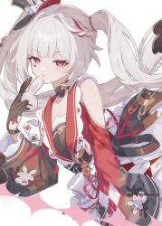  1girl black_gloves black_hat braid butterfly-shaped_pupils clothing_cutout diamond_(shape) diamond_facial_mark diamond_on_cheek facial_mark gloves hat hat_ornament heart heart_facial_mark heart_on_cheek highres honkai:_star_rail honkai_(series) long_hair looking_at_viewer mark_under_both_eyes mini_hat mini_top_hat multicolored_hair pink_eyes plaid_clothes plaid_sleeves rabbit_ear_headwear rabbit_hat_ornament shoulder_cutout simple_background single_glove solo sparkle_(honkai:_star_rail) sparxie_(honkai:_star_rail) supplicant_mask suwa_(swk_kkk) symbol-shaped_pupils top_hat twintails very_long_hair white_background white_hair 