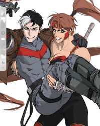  1boy 1girl amazon_warrior artemis_of_bana-mighdall batman_(series) belt bodysuit carrying dc_comics highres jason_todd multicolored_bodysuit princess_carry red_hood_(dc) red_hood_and_the_outlaws superhero_costume taut_bodysuit two-tone_bodysuit utility_belt vovanixen46546 