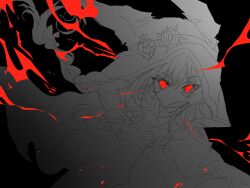  animal_ear_hood animal_ears asymmetrical_eyewear black_background bow braid chinese_commentary cloak commentary_request dot_nose fire floating_hair flower flower-shaped_eyewear goggles goggles_on_headwear greyscale hair_bow hair_over_shoulder heart heart-shaped_eyewear highres hood hood_up hooded_cloak infinity_nikki looking_at_viewer low_twin_braids monochrome nikki_(series) no_mouth rainbow_soda red_eyes rose she_is_wildfire_(infinity_nikki) simple_background spikes spot_color twin_braids wolf_ears 