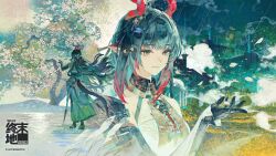  1girl arknights arknights:_endfield armor bare_shoulders black_gloves blunt_bangs breasts chinese_commentary commentary_request copyright_logo copyright_notice detached_sleeves dragon_girl dragon_horns dragon_tail eastern_dragon_horns eastern_dragon_tail eyeshadow facing_away from_side full_body gloves gold_ring green_eyes green_hair hair_intakes hair_ornament hair_stick half_updo hand_up highres horns jewelry large_breasts logo luckyia makeup multicolored_hair multiple_rings multiple_views official_art pauldrons pear_blossoms pointy_ears rain red_eyeshadow red_horns red_streaks reeds ring river shoulder_armor sidelocks single_pauldron sleeves_past_wrists streaked_hair tail upper_body zhuang_fangyi_(arknights) 