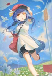  1girl absurdres anemoi arm_up bag bike_shorts bird black_shorts blue_hair blue_sky blunt_bangs blurry blurry_background blush braid clouds commentary_request day dress envelope falling_letter film_grain floating_hair flower flowingcrescent foot_out_of_frame grass hair_between_eyes hand_on_headwear hat highres long_hair looking_ahead low_twin_braids mailman mountainous_horizon open_mouth outdoors peaked_cap red_bag red_hat school_uniform shirato_koyomi short_dress short_sleeves shorts signature sky solo standing standing_on_one_leg twin_braids white_bird white_dress white_flower windmill wing_hat_ornament yellow_eyes 