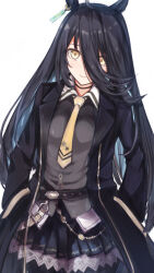  1girl ahoge animal_ears black_choker black_coat black_hair black_pantyhose black_shirt black_skirt blush breasts choker closed_mouth coat collared_shirt commentary_request ear_tag earrings hair_between_eyes hands_in_pockets highres horse_ears horse_girl jewelry long_hair long_hair_between_eyes long_sleeves magic_gate manhattan_cafe_(creeping_shadow)_(umamusume) manhattan_cafe_(umamusume) multicolored_hair necktie pantyhose shirt simple_background single_earring skirt small_breasts smile solo umamusume white_background white_hair yellow_eyes yellow_necktie 
