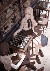  2girls absurdres arm_support bag black_pants black_ribbon black_socks board_game brown_hair brown_shoes chair chalkboard chess chess_piece chessboard collared_shirt commentary_request crossed_legs cup disposable_coffee_cup disposable_cup dress_shirt english_text from_above high-waist_skirt highres long_hair medium_hair multiple_girls open_mouth original pants paper playing_chess pleated_skirt ribbon shirt shirt_tucked_in shoes shopping_bag sitting skirt socks storefront table tamitami tile_floor tiles white_hair white_shirt yellow_eyes 
