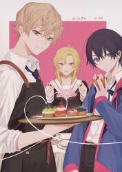  1girl 2boys apron belt black_apron black_hair black_pants black_skirt blonde_hair blue_eyes blue_necktie blue_sweater blueberry blush border brown_belt buttons cherry collared_shirt commentary_request cup dated earrings eating food fruit green_eyes hair_between_eyes halftone halftone_background happy_birthday heart highres holding holding_string holding_tray jewelry long_sleeves looking_at_viewer medium_hair mege_(megechan) mole mole_under_mouth multiple_boys necktie nose original outside_border pants pastry pink_background plate sailor shirt short_hair single_earring skirt sleeves_rolled_up strawberry string sweater table tablecloth teacup tray white_border white_shirt yellow_eyes 