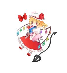 1girl absurdres artist_name blonde_hair bow character_doll chinese_commentary commentary_request crystal crystal_wings deformed doll flandre_scarlet full_body hat hat_bow highres hugging_doll hugging_object laevatein_(touhou) looking_at_viewer mob_cap multicolored_wings one_side_up puffy_short_sleeves puffy_sleeves red_bow red_eyes red_shoes red_skirt remilia_scarlet shirt shoes short_sleeves simple_background skirt socks solo touhou white_background white_hat white_shirt white_socks wings wu_yu_wanwan 