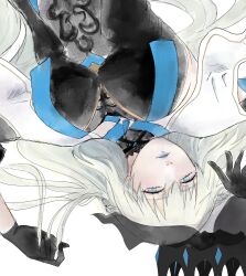  1girl black_veil blue_eyes blue_lips breasts commentary_request crown dress empty_eyes fate/grand_order fate_(series) highres large_breasts lipstick long_hair makeup morgan_le_fay_(fate) simple_background solo teeth upper_body veil white_hair 