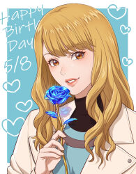 1girl blonde_hair blue_flower blue_rose brown_eyes commentary_request dated eyelashes flower happy_birthday heart highres holding holding_flower jacket karina_lyle lips long_hair lunarclinic open_clothes open_jacket rose smile solo tiger_&amp;_bunny white_jacket 