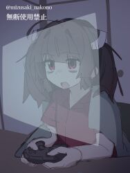  1girl ahoge alternate_costume blinking brown_hair commentary_request controller game_controller headgear highres japanese_clothes mizusaki_nakono nintendo_switch_pro_controller obi pajamas playing_games playing_video_games red_eyes sash short_hair shouji sleepy sliding_doors solo touhoku_kiritan twintails under_covers voiceroid yawning 