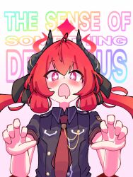  +_+ 1girl absurdres ahoge black_horns black_shirt blue_archive blush collared_shirt commentary_request demon_horns demon_wings drooling english_text gradient_background hair_between_eyes hair_ribbon halo hands_up highres horns jacket junko_(blue_archive) long_hair looking_at_viewer low_twintails low_wings mouth_drool necktie open_mouth pink_background pink_eyes red_eyes red_hair red_halo red_necktie red_wings ribbon shirt short_sleeves simple_background solo twintails upper_body white_background wings wu-234 