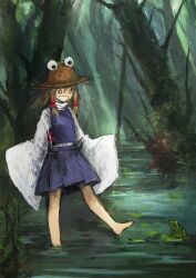  1girl blonde_hair brown_hat forest frog grin hair_ribbon haruaki_(onkai_planaria) hat highres long_hair long_sleeves lotus_leaf moriya_suwako nature outdoors purple_skirt purple_vest red_ribbon ribbon skirt skirt_set smile solo touhou tree vest wading wide_sleeves yellow_eyes 