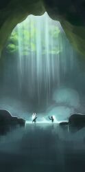  2girls absurdres arthropod_girl black_skin boopie cave colored_skin commentary english_commentary hair_down highres hollow_knight hollow_knight:_silksong hornet_(hollow_knight) in_water lace_(hollow_knight) long_hair multiple_girls nude partially_submerged rock splashing sunlight very_long_hair water wet wet_hair white_hair 