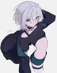  1girl absurdres asymmetrical_legwear belly bent_over black_shorts breasts commentary cropped_shirt green_eyes grey_hair haku_(yanhaku) highres looking_at_viewer medium_hair navel original short_hair short_shorts short_sleeves shorts simple_background small_breasts solo thigh_strap untranslatable_commentary white_background wolf_cut 