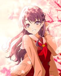  1girl absurdres blue_eyes blue_hair blurry blurry_background brown_cardigan cardigan cherry_blossoms commentary dress grin hasu_no_sora_school_uniform highres kujo_awenn link!_like!_love_live! long_sleeves looking_at_viewer love_live! mole mole_on_neck murano_sayaka neckerchief open_cardigan open_clothes outdoors red_dress red_neckerchief sailor_collar sailor_dress school_uniform smile solo upper_body virtual_graduation_commemoration virtual_youtuber white_sailor_collar winter_uniform 