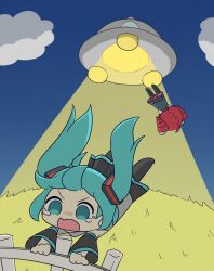  2girls abduction adversarial_noise ahoge aqua_eyes aqua_hair black_skirt black_sleeves blue_shirt blue_skirt clouds commentary_request crying crying_with_eyes_open deformed detached_sleeves drill_hair fence floating flying_saucer grey_shirt hatsune_miku highres kasane_teto kasane_teto_(utau) levitation long_hair midair multiple_girls night nukotun open_mouth outdoors red_hair shirt short_hair skirt sky sleeveless sleeveless_shirt spacecraft tears tractor_beam twin_drills twintails ufo utau v-shaped_eyebrows vocaloid wavy_mouth 