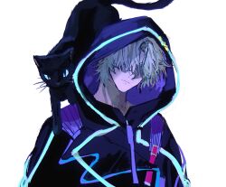  1boy 1nuwfisdfn52516 animal_on_shoulder black_cat black_hoodie cat double-parted_bangs elio_(honkai:_star_rail) hair_over_eyes head_tilt highres honkai:_star_rail honkai_(series) hood hoodie male_focus neon_trim simple_background slit_pupils two-tone_hoodie upper_body white_background white_hair 