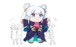  >_< +++ 2boys 3girls blue_eyes character_costume chibi cho_kaguya-hime! hair_ornament hair_rings hair_stick highres ini_yoy long_hair long_sleeves mascot_costume multicolored_eyes multiple_boys multiple_girls open_mouth outstretched_arms partially_colored pointing runami_yachiyo short_hair twintails violet_eyes white_background white_hair wide_sleeves 