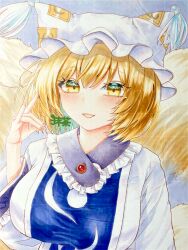  animal_ears animal_hat arm_under_breasts blonde_hair blue_tabard blush breasts commentary_request eyelashes fluffy_tail fox_ears fox_girl fox_tail hair_between_eyes hand_up hat highres kitsune kyuubi large_breasts large_tail marker_(medium) matcha_gr mob_cap multiple_tails open_mouth short_hair smile tabard tail touhou traditional_media yakumo_ran yellow_eyes yellow_tail 