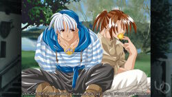  1nd_protagonist 2000s_(style) 2boys aleph_coulson anime_coloring atelier-moo boots brown_boots brown_eyes brown_hair brown_shirt closed_mouth collarbone eating faceless faceless_male game_cg grey_pants hooded_shirt looking_to_the_side multiple_boys non-web_source official_art outdoors pants parted_hair ponytail shirt short_hair short_ponytail sitting sleeves_rolled_up smile striped_clothes striped_shirt white_hair white_pants yuukyuu_gensoukyoku 