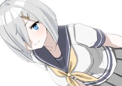  1girl 30-06 blue_eyes blue_sailor_collar breasts cowboy_shot grey_hair grey_skirt hair_ornament hairclip hamakaze_(kancolle) highres kantai_collection looking_at_viewer neckerchief pleated_skirt sailor_collar sailor_shirt school_uniform serafuku shirt short_hair simple_background skirt solo standing white_background white_shirt yellow_neckerchief 