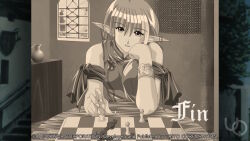  1girl anime_coloring atelier-moo board_game breasts chess chess_piece chessboard dress elbow_rest elf elle_louise game_cg green_hair hair_between_eyes hand_on_own_chin head_rest holding holding_chess_piece indoors jewelry large_breasts looking_at_viewer non-web_source official_art parted_lips pointy_ears sepia short_hair sleeveless sleeveless_dress smile solo upper_body yuukyuu_gensoukyoku 