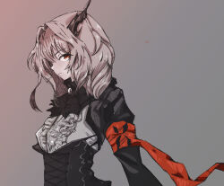  1girl arknights armband ascot black_ascot black_corset black_dress center_frills corset dragon_girl dragon_horns dress frills gradient_background grey_background grey_hair hair_intakes horns lizora long_sleeves looking_at_viewer medium_hair non-web_source profile red_eyes shirt simple_background solo talulah_(arknights) upper_body 