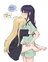  2girls ahoge barefoot black_hair black_shirt blush cho_kaguya-hime! clinging closed_eyes colored_speech_bubble crying facing_another feet_out_of_frame from_side green_eyes green_pajamas hug kaguya_(cho_kaguya-hime!) leg_lock long_hair long_shirt mole mole_under_eye multiple_girls neeuhn open_mouth pajamas profile sakayori_iroha shirt short_sleeves speech_bubble streaming_tears tears white_background yuri 