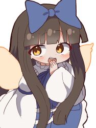  1girl blue_bow blue_dress bow brown_hair commentary dress fairy fairy_wings hair_bow hand_to_own_mouth hand_up highres long_hair long_sleeves looking_at_viewer magg_(user_mtca8588) open_mouth solo star_sapphire touhou wings 