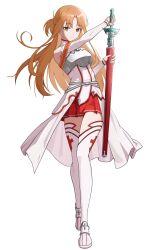  1girl absurdres ankle_boots armor asuna_(sao) bare_shoulders belt boots braid breastplate breasts brown_eyes brown_hair closed_mouth commentary_request detached_sleeves dress expressionless floating frown grey_armor grey_trim half_up_half_down_braid hands_up high_collar highres holding holding_sheath holding_sword holding_weapon knights_of_blood_uniform_(sao) long_hair medium_breasts medium_dress miniskirt parted_bangs pleated_skirt rapier red_skirt red_trim scabbard senkuma777 sheath shirt simple_background skirt sleeveless sleeveless_dress sleeves_past_wrists solo split_mouth sword sword_art_online thigh-highs turtleneck turtleneck_dress unsheathing weapon white_background white_belt white_dress white_shirt white_sleeves white_thighhighs white_trim zettai_ryouiki 