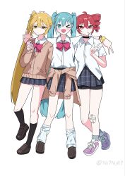  3girls ;d absurdres ahoge akita_neru antenna_hair aqua_hair aqua_nails bike_shorts bike_shorts_under_skirt black_choker black_socks blonde_hair borrowed_design bow brown_cardigan brown_shoes candy cardigan cardigan_around_waist cellphone charm_(object) choker clothes_around_waist collared_shirt diagonal-striped_bow drill_hair ear_piercing earrings food full_body gyaru hair_between_eyes hair_ornament hairclip hatsune_miku highres holding holding_phone jewelry kasane_teto kogal lollipop long_hair looking_at_another looking_at_phone multiple_girls ni7nia7 no_bowtie one_eye_closed open_mouth penny_loafers phone piercing pink_bow pink_shoes pleated_skirt red_eyes red_hair school_uniform scrunchie shirt shirt_tucked_in shoes short_sleeves side_ponytail simple_background skirt smartphone smile sneakers socks standing striped_bow triple_baka_(group) triple_ryuunen twin_drills twintails twitter_username utau v vocaloid white_background white_shirt white_socks wrist_scrunchie yellow_eyes yellow_scrunchie zako_(vocaloid) 