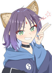  1girl absurdres animal_ear_fluff animal_ears biolys_otami black_choker black_hair blue_hair blue_hoodie blue_nails blush cho_kaguya-hime! choker collarbone colored_inner_hair commentary_request eyeshadow fang forehead_jewel fox_ears green_eyes grin highres hood hoodie long_sleeves looking_at_viewer makeup multicolored_hair red_eyeshadow sakayori_iroha short_hair skin_fang smile solo star_(symbol) upper_body v 