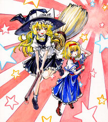  2girls alice_margatroid apron black_hat black_shoes black_skirt black_vest blonde_hair blue_dress blue_eyes blush book boots bow braid broom broom_riding brown_boots capelet commentary_request dress frilled_dress frilled_skirt frills full_body grimoire grimoire_of_alice hair_bow hairband hat hat_bow highres holding holding_book kabaji kirisame_marisa long_hair multiple_girls open_mouth red_hairband shoes side_braid single_braid skirt smile socks star_(symbol) touhou vest waist_apron white_bow white_capelet white_socks witch_hat yellow_eyes 