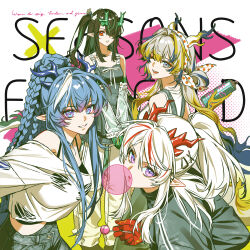  4girls absurdres arknights bare_shoulders blonde_hair blue_hair braid candy chinese_commentary colored_extremities commentary_request detached_sleeves dragon_girl dragon_horns dusk_(arknights) fan_mu_zhang food green_hands hair_over_one_eye highres holding holding_candy holding_food holding_lollipop horns ling_(arknights) lollipop long_hair long_sleeves looking_at_viewer multicolored_hair multiple_girls nian_(arknights) open_mouth parted_lips pointy_ears ponytail red_hair red_hands shu_(arknights) siblings sisters smile streaked_hair very_long_hair white_hair yellow_hands 