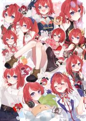  1girl :d ange_katrina ange_katrina_(1st_costume) ange_katrina_(casual) ange_katrina_(china_dress) ange_katrina_(lab_coat) ange_katrina_(loungewear) ange_katrina_(new_year) ange_katrina_(party_dress) ange_katrina_(summer_casual) ange_katrina_(valkyrie_hero) ankle_boots black_boots black_coat blue_eyes blue_gloves blush boots bouquet brown_cat cat cherry_pop_(vocaloid) chibi closed_mouth coat commentary_request crossed_bangs dog dress eyewear_on_head flower gloves grey_shirt grin hair_between_eyes hair_intakes hair_ornament halftone headphones headphones_around_neck heart highres holding holding_bouquet jacket long_hair looking_at_viewer mandragora_(ange_katrina) maycat_(kirakomomo) medium_hair milestone_celebration moechakkafire multiple_costumes multiple_views nijisanji nijisanji_idol_uniform official_alternate_costume open_mouth overdose_(natori) pink_flower pink_ribbon propose_(natori) red_dress red_hair ribbon round_eyewear sanbaka_anniversary_outfit shirt signature smile sparkle translation_request triangle_hair_ornament vampire_(vocaloid) virtual_youtuber watermark white_dog white_jacket 