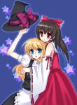  bad_id black_hair blonde_hair blue_eyes hakurei_reimu hand_on_another's_cheek hand_on_another's_face hat hat_removed headwear_removed holding holding_hat kirisame_marisa multiple_girls red_eyes simple_background star touhou yatosaki_haru 
