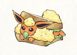  animal_focus black_eyes bread bread_slice bright_pupils closed_mouth flareon fluffy food food_in_mouth full_body highres lettuce looking_at_viewer lying metikyun neck_fur no_humans on_stomach orange_fur pokemon pokemon_(creature) pokemon_focus sandwich simple_background solo white_background white_pupils yellow_fur 